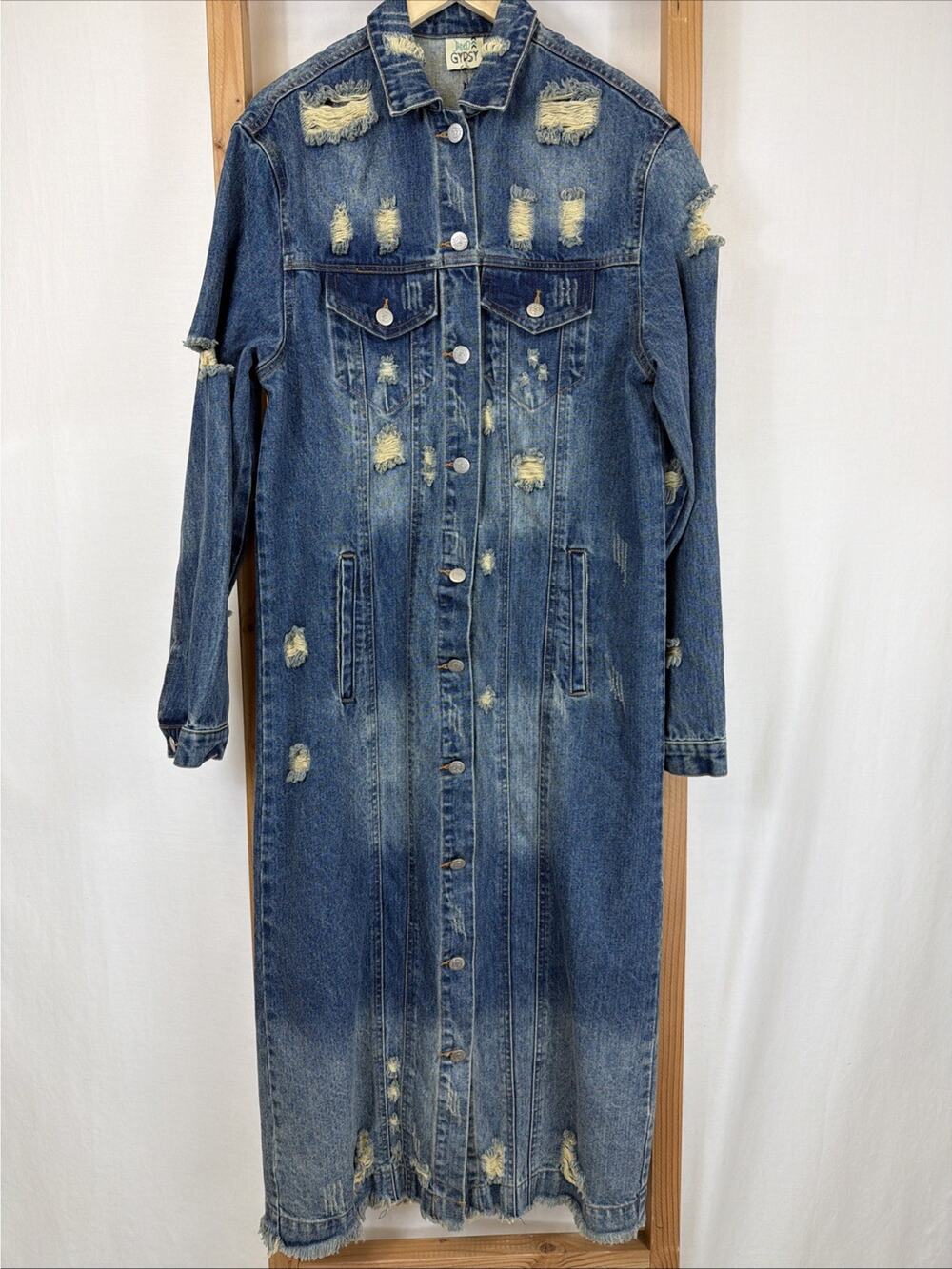 NWT Jade Gypsy Blue Distressed Denim Long Duster Jacket #1391 Size S M